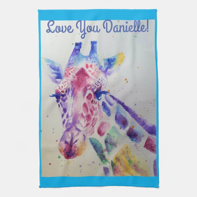 Giraffe animal Love You Womans Name Art Tea Towel (Vertical)