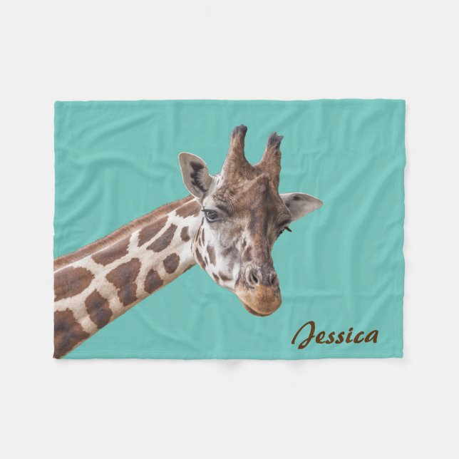 Giraffe Animal on Teal Personalised Name Fleece Blanket (Front (Horizontal))
