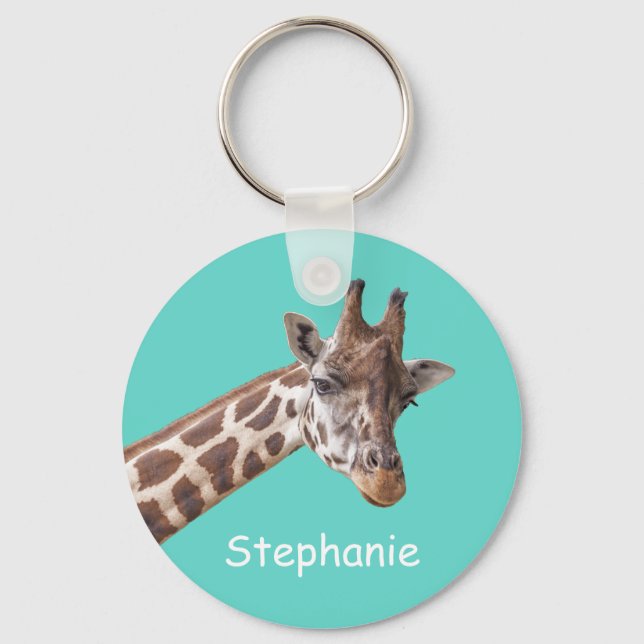 Giraffe Animal on Teal Personalised Name Key Ring (Front)