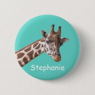 Giraffe Animal Photo on Teal Personalised Name 6 Cm Round Badge