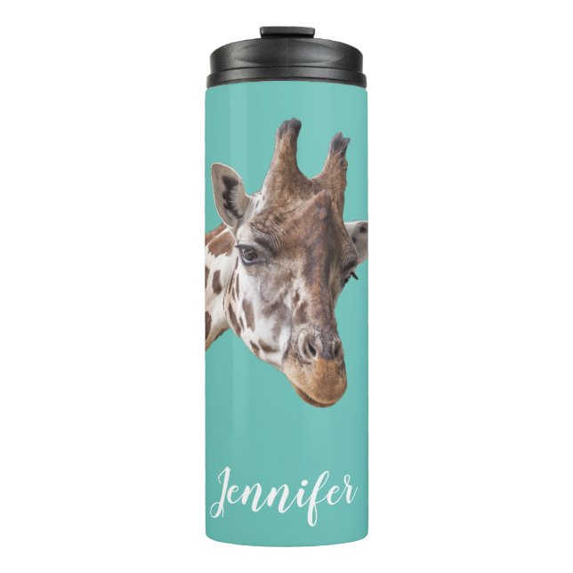 Giraffe Animal Portrait Photo on Teal Name Thermal Tumbler (Front)