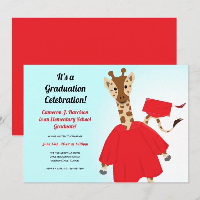 Giraffe Animal Red Black Blue Kid Graduation Invitation (Front/Back)
