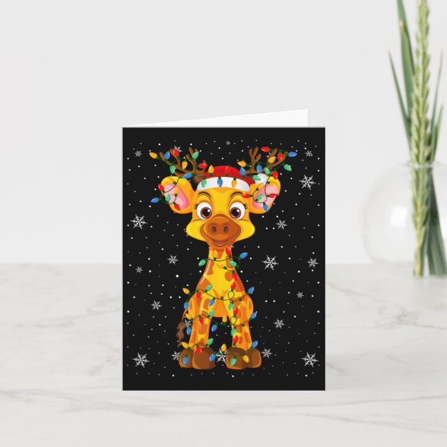 Giraffe Animal Santa Hat Ugly Christmas Tree Light Card (Front)