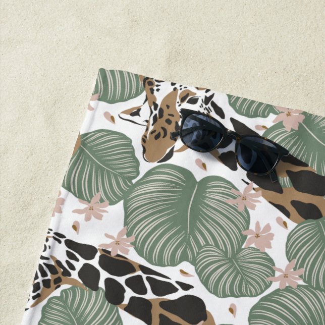 Giraffe Animal Tropical Leaf Jungle Pattern Beach Towel (In Situ)