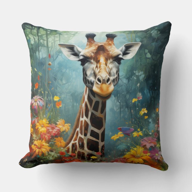 Giraffe Animal Wildlife Wilderness Colourful Print Cushion (Front)