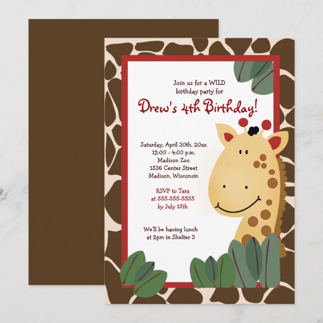 Giraffe Any Age Birthday Invitation (Front/Back)
