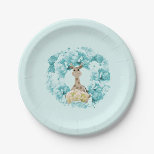 Giraffe Aqua Floral Wreath Paper Plates