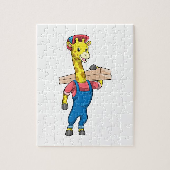 Giraffe as Carpenter with Wood Jigsaw Puzzle (Vertical)