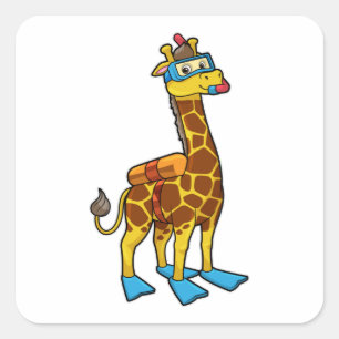 Giraffe as Diver with Swimming goggles & Flippers Square Sticker