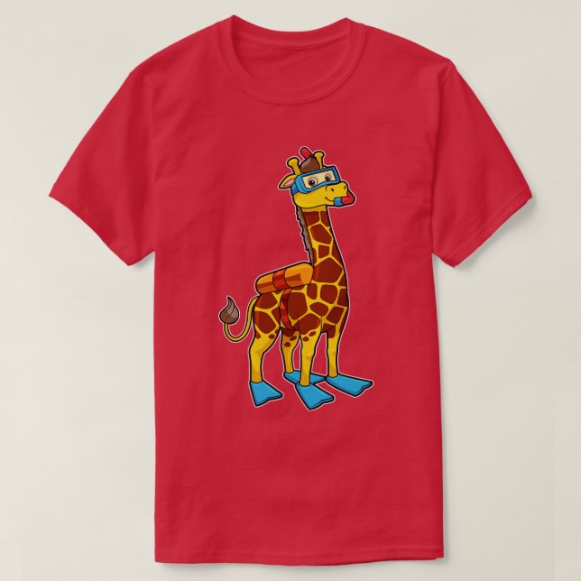 Giraffe as Diver with Swimming goggles Flippers T-Shirt (Design Front)