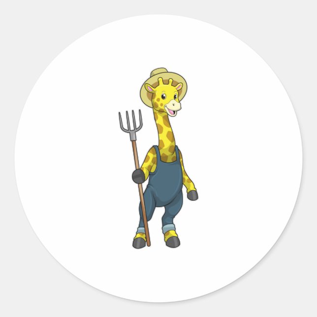Giraffe as Farmer with Pitchfork Classic Round Sticker (Front)
