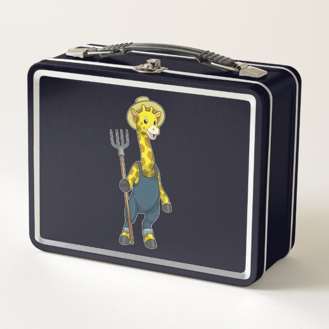 Giraffe as Farmer with Pitchfork Metal Lunch Box (Front)