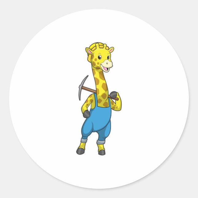 Giraffe as Miner with Pickaxe Classic Round Sticker (Front)