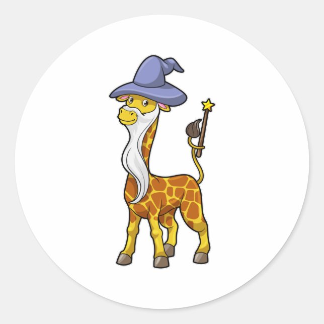 Giraffe as Wizard with Magic wand & Hat Classic Round Sticker (Front)