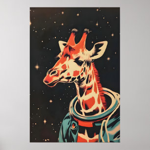 Giraffe Astronaut Poster, Giraffe Retro Print