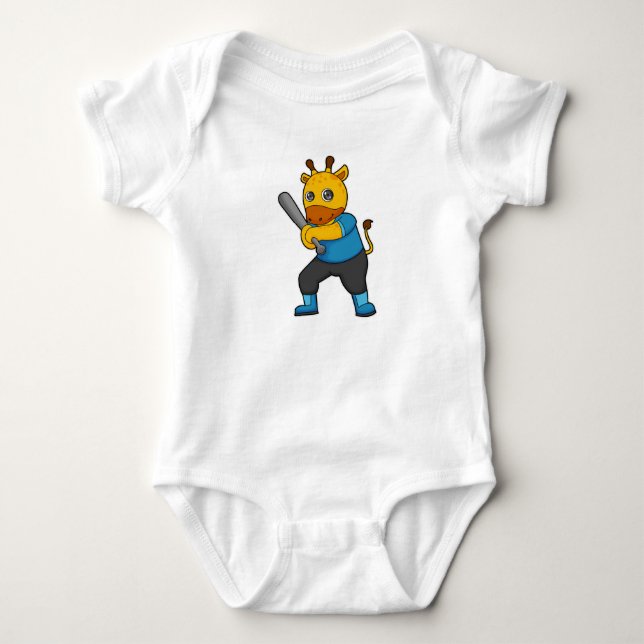 Giraffe at Baseball  with Baseball bat Baby Bodysuit (Front)
