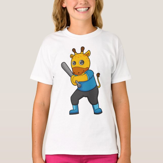 Giraffe at Baseball  with Baseball bat T-Shirt (Front)