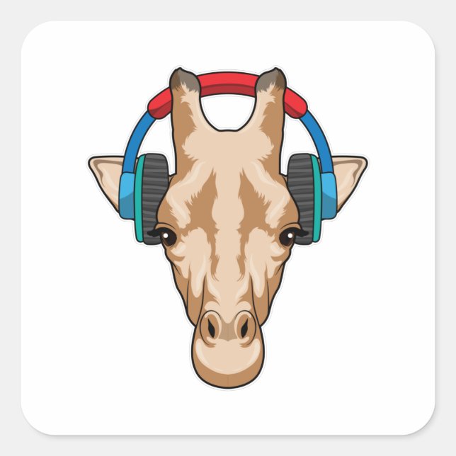 Giraffe at Music with Headphone Square Sticker (Front)