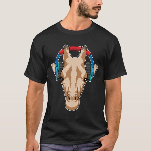 Giraffe at Music with Headphone T-Shirt (Front)