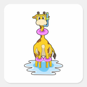 Giraffe at Swimming with Swim ring Square Sticker