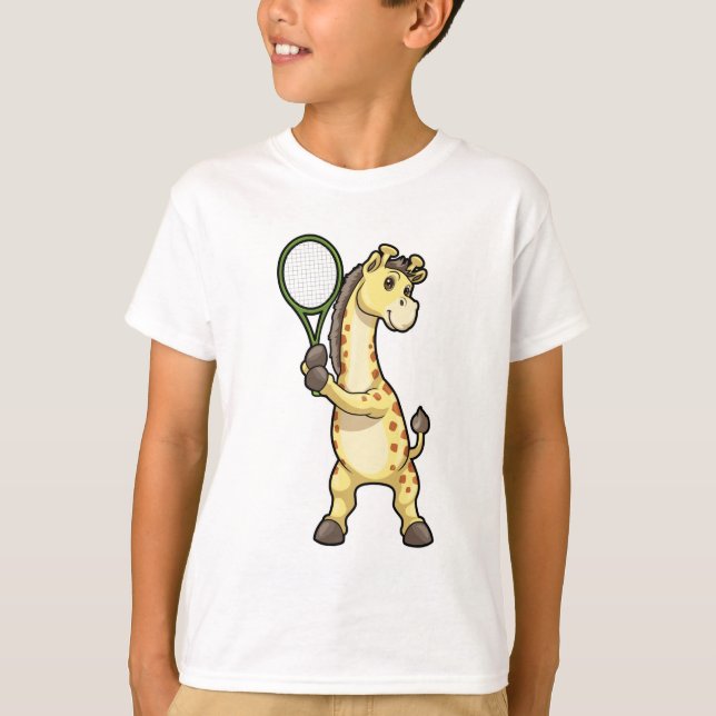 Giraffe at Tennis with Tennis racket T-Shirt (Front)