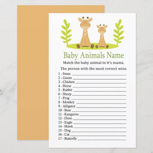 Giraffe Baby Animals Name Game (Front/Back)