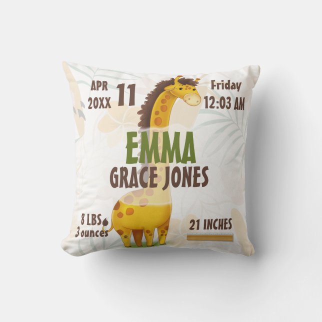 Giraffe Baby Birth Stats Nursery Pillow Boy / Girl (Front)