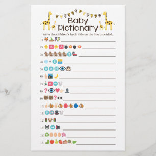 Giraffe Baby Books Emoji Pictionary Shower Game Flyer
