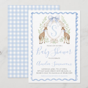 Giraffe Baby Boy Shower Preppy Gingham Blue Invitation