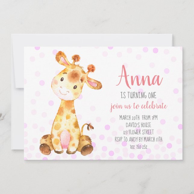 Giraffe Baby Girl Cute Confetti Pink Birthday Invitation (Front)