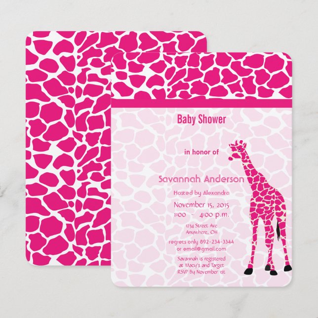 Giraffe Baby Girl PINK Modern Pattern Baby Shower Invitation (Front/Back)