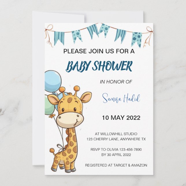 Giraffe Baby Shower - Boy Invitation (Front)
