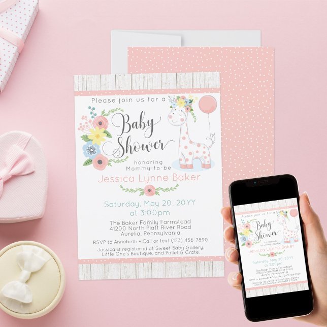Giraffe Baby Shower | Cute Floral & Rustic Wood Invitation (Creator Uploaded)