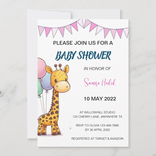 Giraffe Baby Shower - Girl Invitation (Front)