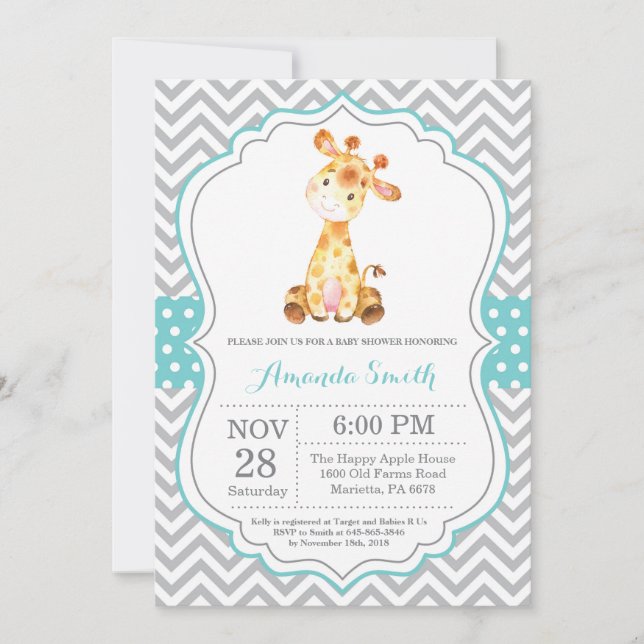 Giraffe Baby Shower Invitation Aqua and Grey (Front)
