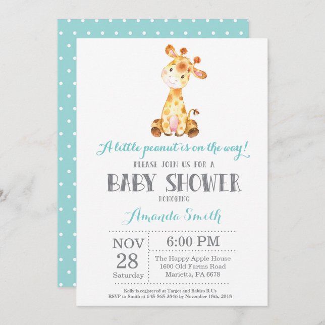 Giraffe Baby Shower Invitation Aqua and Grey (Front/Back)