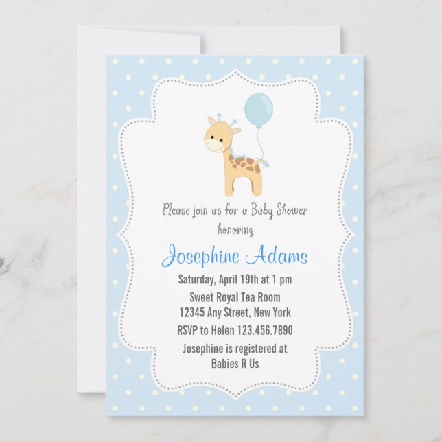 Giraffe Baby Shower Invitation Blue (Front)