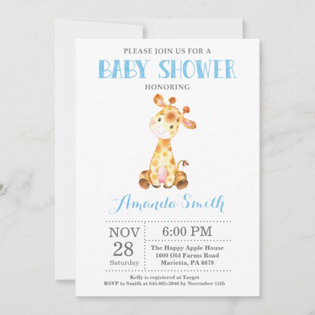 Giraffe Baby Shower Invitation Blue and Grey (Front)