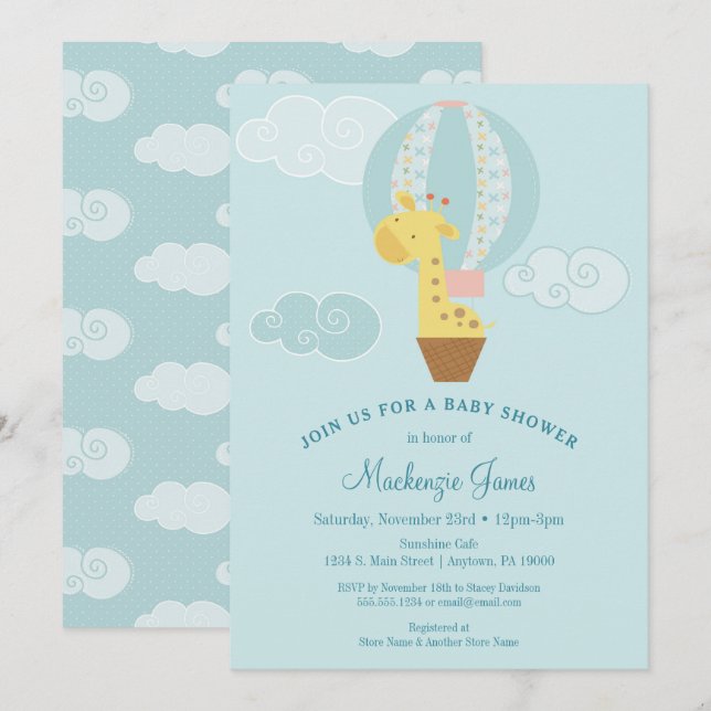 Giraffe Baby Shower Invitation Blue Boy Balloon (Front/Back)