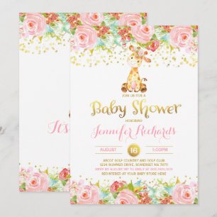Giraffe Baby Shower Invitation Floral Pink & Gold