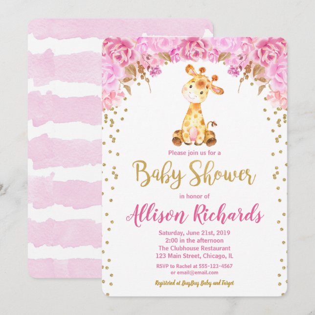 Giraffe baby shower invitation girl pink gold (Front/Back)