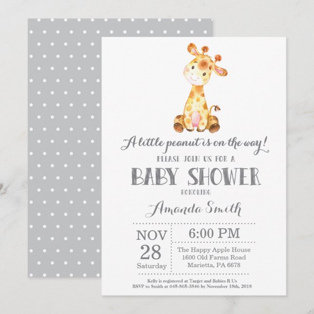 Giraffe Baby Shower Invitation Grey (Front/Back)