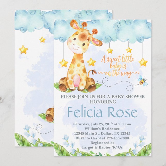 Giraffe Baby Shower Invitation Invite Blue Boy (Front/Back)