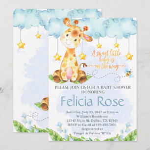 Giraffe Baby Shower Invitation Invite Blue Boy