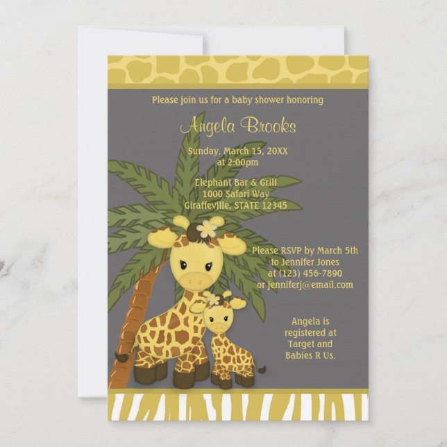 Giraffe Baby Shower Invitation Mummy Grey Yellow (Front)