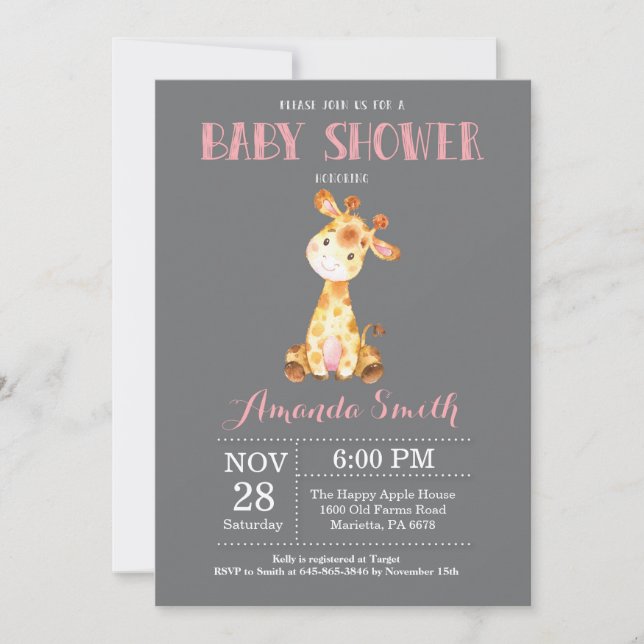 Giraffe Baby Shower Invitation Pink and Grey (Front)