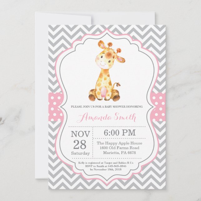 Giraffe Baby Shower Invitation Pink and Grey (Front)