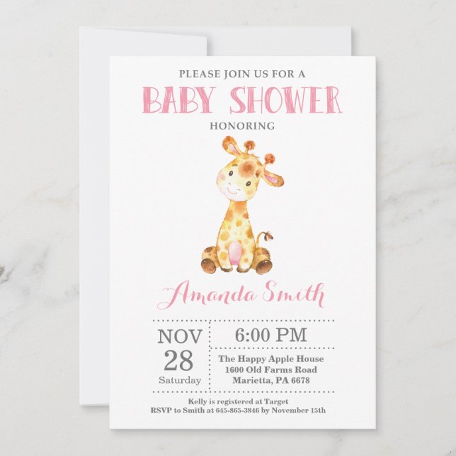 Giraffe Baby Shower Invitation Pink and Grey (Front)