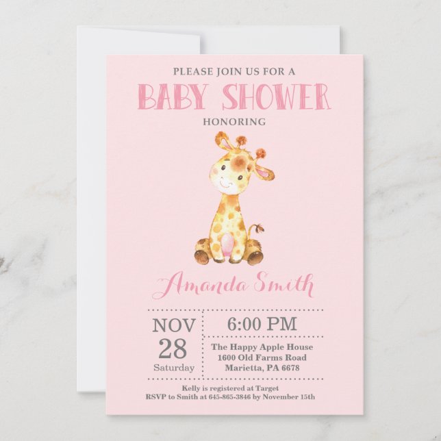Giraffe Baby Shower Invitation Pink and Grey (Front)