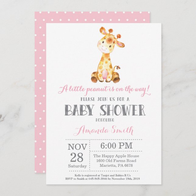 Giraffe Baby Shower Invitation Pink and Grey (Front/Back)